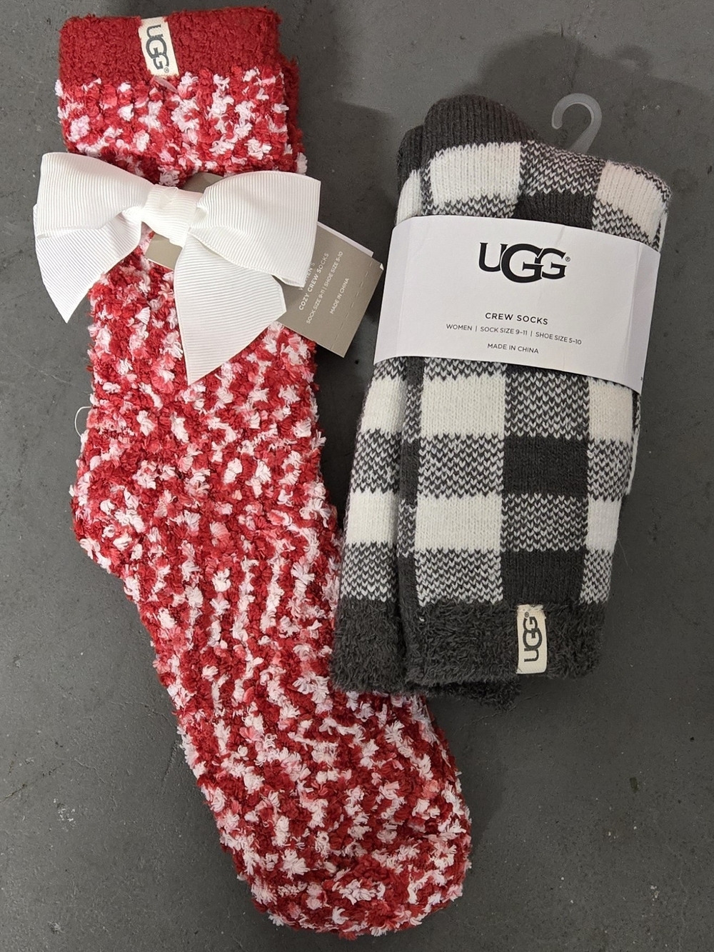 (2) Pair UGG Red & Black/White Plaid Cozy Crew Socks Duo